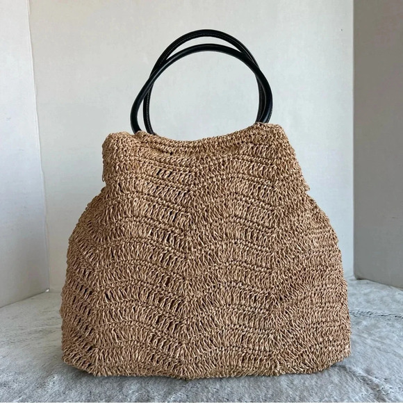 Handbags - Handbag Straw Woven Tote with Leather Straps